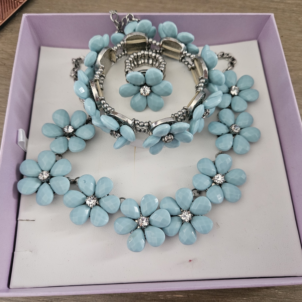 Blue Floral Bracelet with Crystal Accents